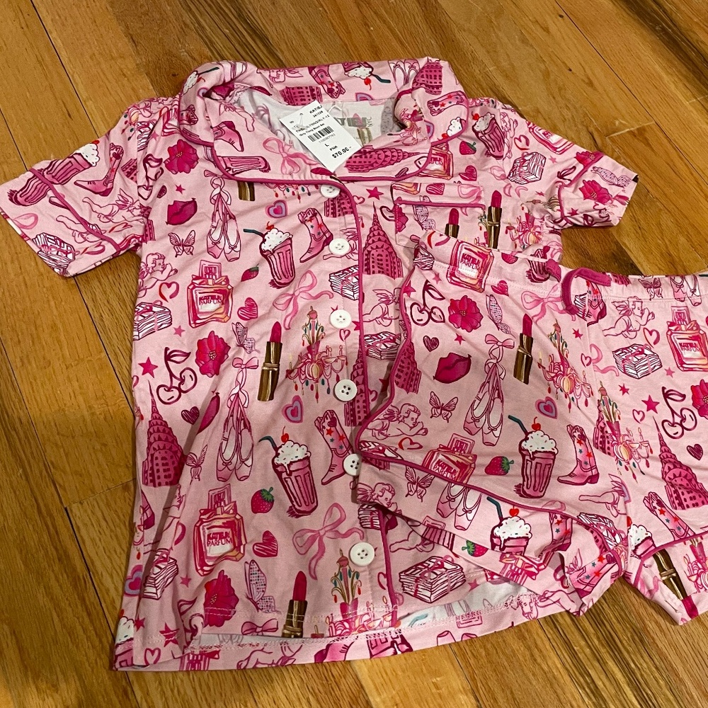 NWT KatieJNYC GIRLS 7-14 Short Sleeve Button Front Top & Pajama  SIZE L